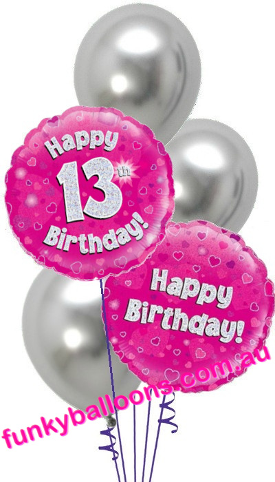 (image for) 13th Pink + Silver Birthday Bouquet - Click Image to Close